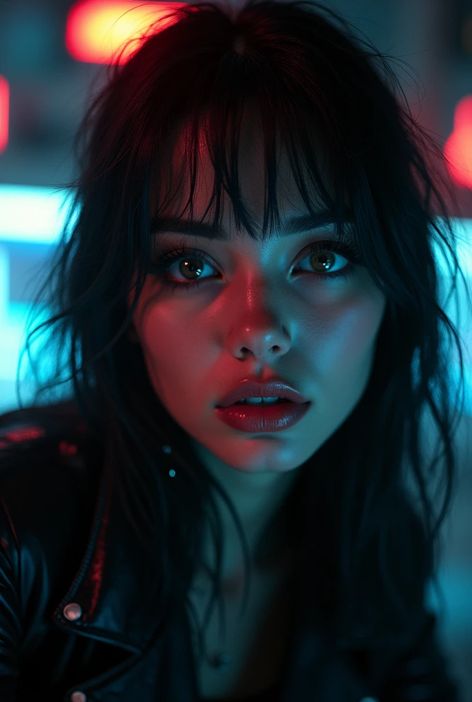 a detailed portrait of a powerful female hacker in a dark cyberpunk environment, beautiful detailed eyes, beautiful detailed lips, extremely detailed eyes and face, long eyelashes, black hair, cyberpunk outfit, neon lights, dark moody atmosphere, hacker terminal, technology, (best quality,4k,8k,highres,masterpiece:1.2),ultra-detailed,(realistic,photorealistic,photo-realistic:1.37),dark cyberpunk,dystopian,moody lighting,cinematic
