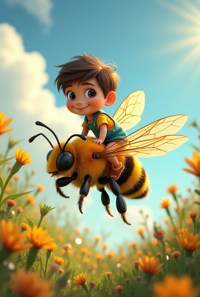 There is a boy sitting on top of the bee and the bee is flying.
