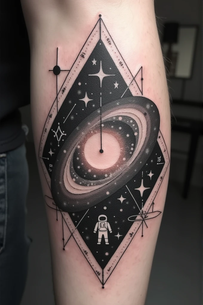 Black and white tattoo with a galaxy surrounding elements that represent mathematics with fine lines. Add a small astronaut. Do not add black backgrounds to the tattoo.
