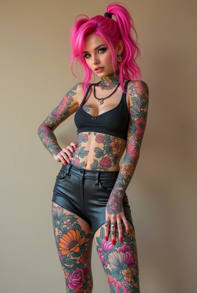 A 19-year-old with pink hair showing off her tattooed leggings