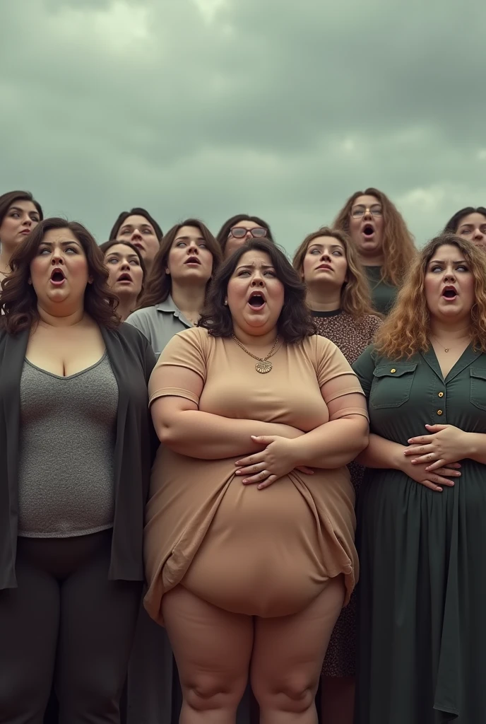 15 very fat women in different clothes very fat with their mouths open in shock and a gray sky behind