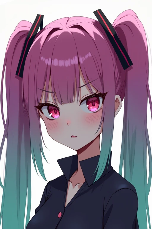 One person, Pink eyes, Anatomically correct, High resolution, Twin tails, Pink Hair, Purple Hair, Green Hair, Gradient color hairstyle, Slanted Eyes, Solemn, Contemptuous eyes, Character Design,