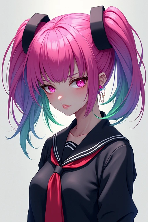 One person, Pink eyes, Anatomically correct, High resolution, Twin tails, Pink Hair, Purple Hair, Green Hair, Gradient color hairstyle, Slanted Eyes, Solemn, Contemptuous eyes, Character Design,