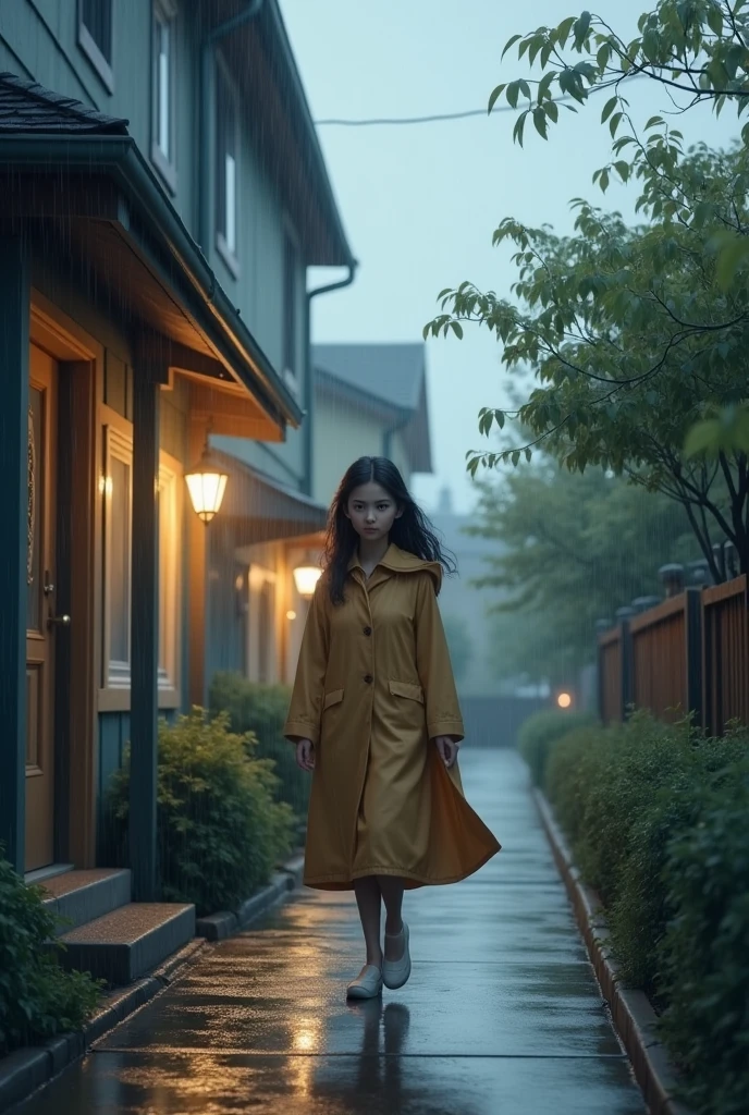 Girl leaving her house in the rain