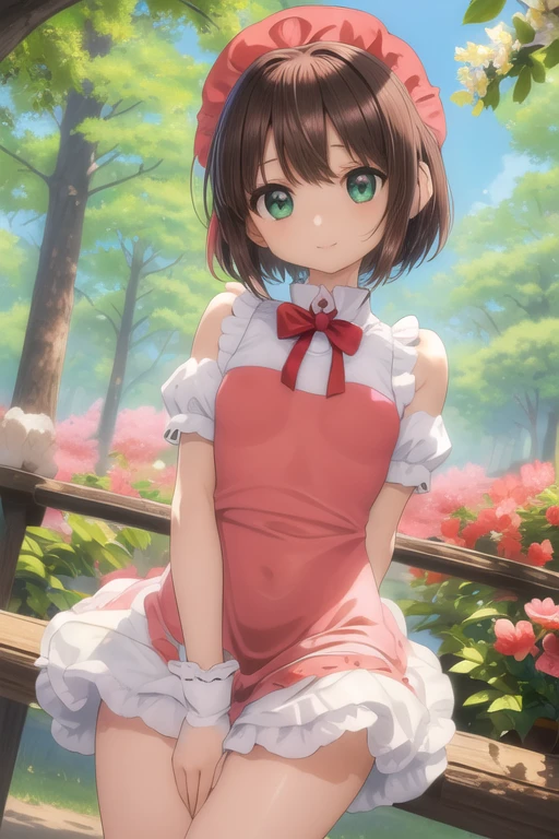 (((masterpiece))), ((Highest quality)), (Very detailed), ((High resolution)), ((8k)), ((Anatomically correct)), A very cute person, *********, (Young face), (Small breasts), ((Sakura Kinomoto)), Short Hair, Brown Hair, Letting down your bangs, (Short), (Petite), Charming smile, Emerald Eyes, Best moment, Delicate arms, Detailed skin texture, Intricate details, Very detailedな顔, Beautiful thighs, Beautiful curves, Looking up, In the park at noon, Love your audience, (heart), The whole body is visible, 