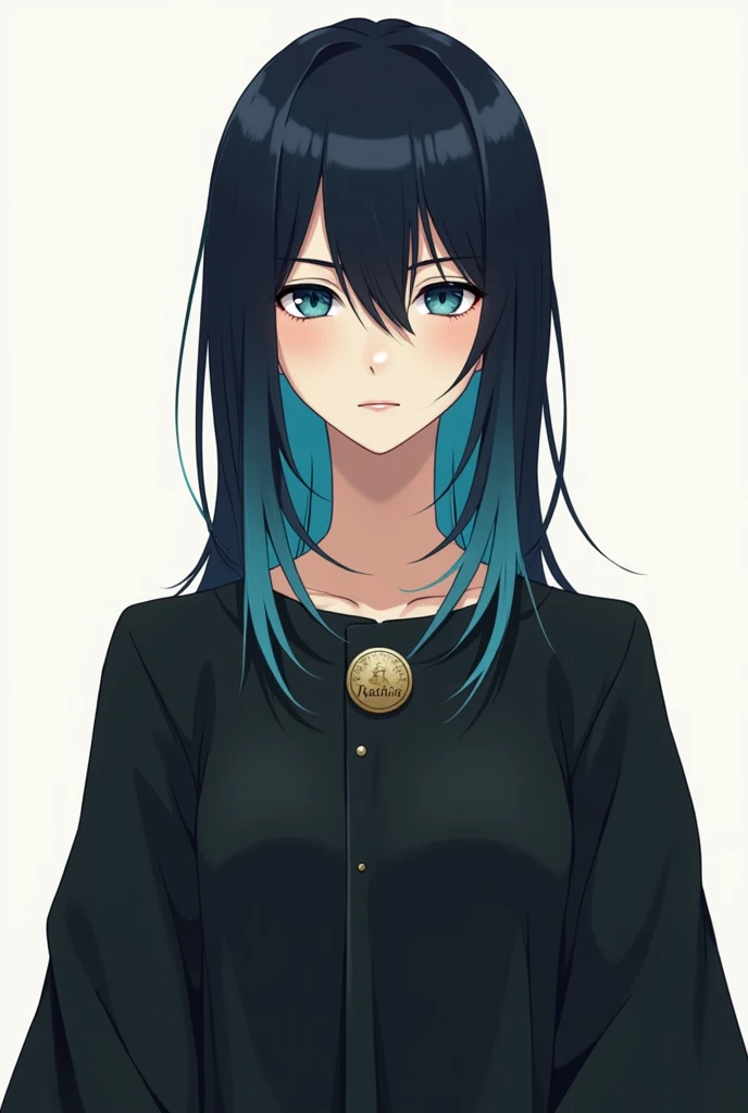 An anime boy with long black hair, cyan colored highlights on the ends of the hair, with bangs, wearing a loose black uniform with wide sleeves, and a decorative button on the garment, Written:"hashira", with dull blue eyes and an expressionless face.