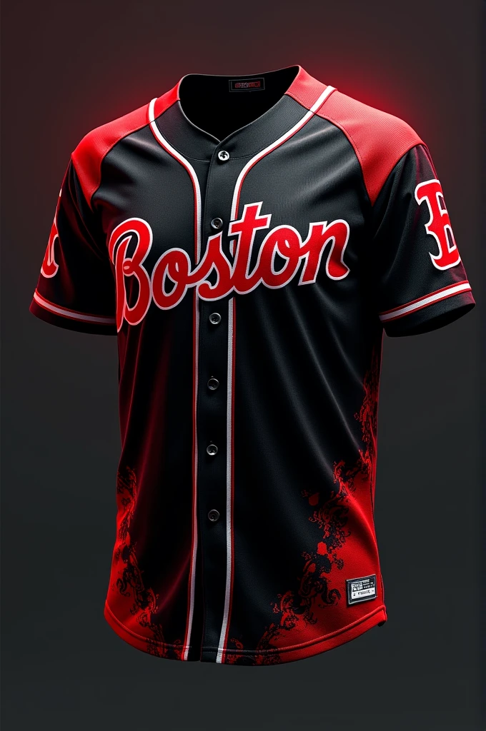 An image of a baseball team jersey, very striking red and black colors, the team is called Boston the Nightmare, all the text on the front and in Spanish