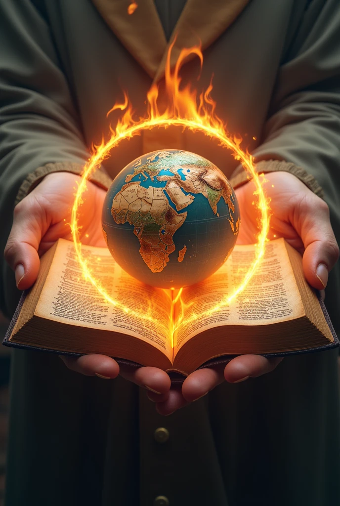 Two open hands with palms facing up, on top of the hands a large open bible and a globe on top of the bible. Rings of fire surrounding the globe, looking like fire is entering the globe. no back ground. Very realistic and magical With a caption with bright and fiery letters written: ADMIRE .
Below with the same letters, but with a smaller writing size: Tangara 