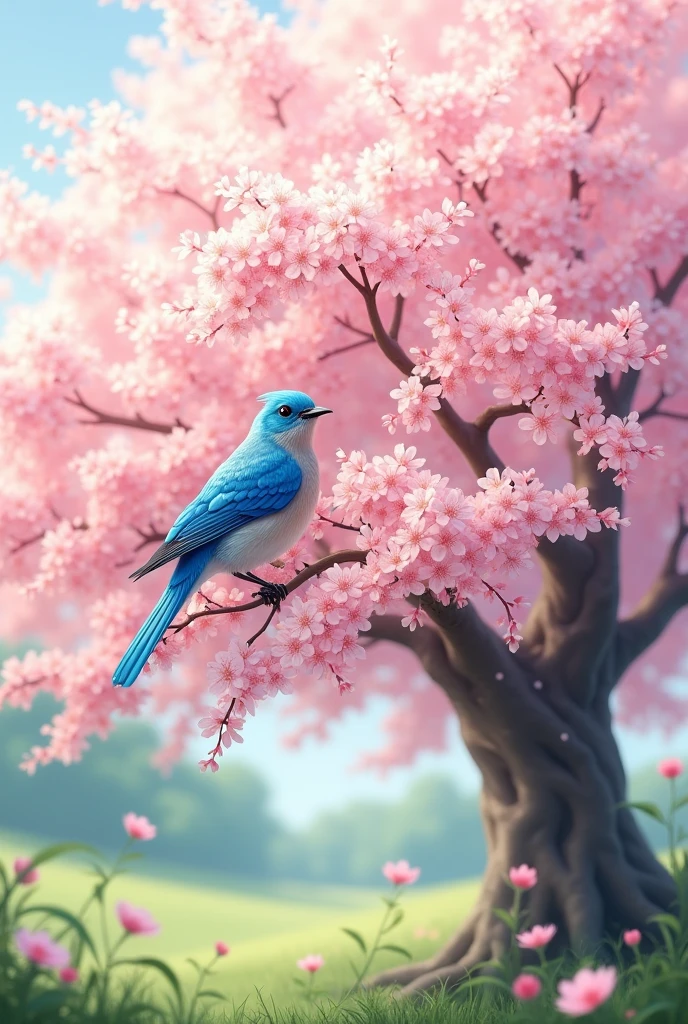 Cherry tree with a blue bird on top