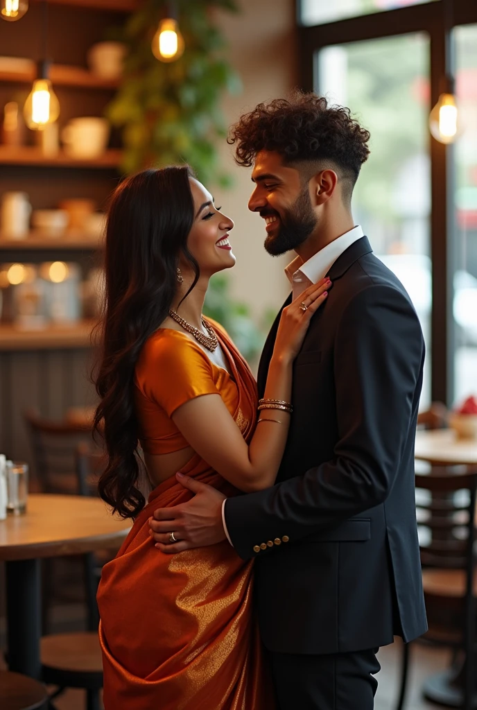 A gurl and boy were meeting in the coffee cafe for the first time and the gurl hug him so tightly and the boy wm wearing formal dress and the girl wearing shari and the boy hairstyle is mid fade with some curly hair 