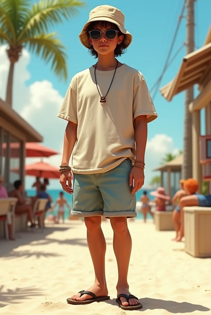 Person with flipflops bucket cap baggy t shirt sunglasses and shorts