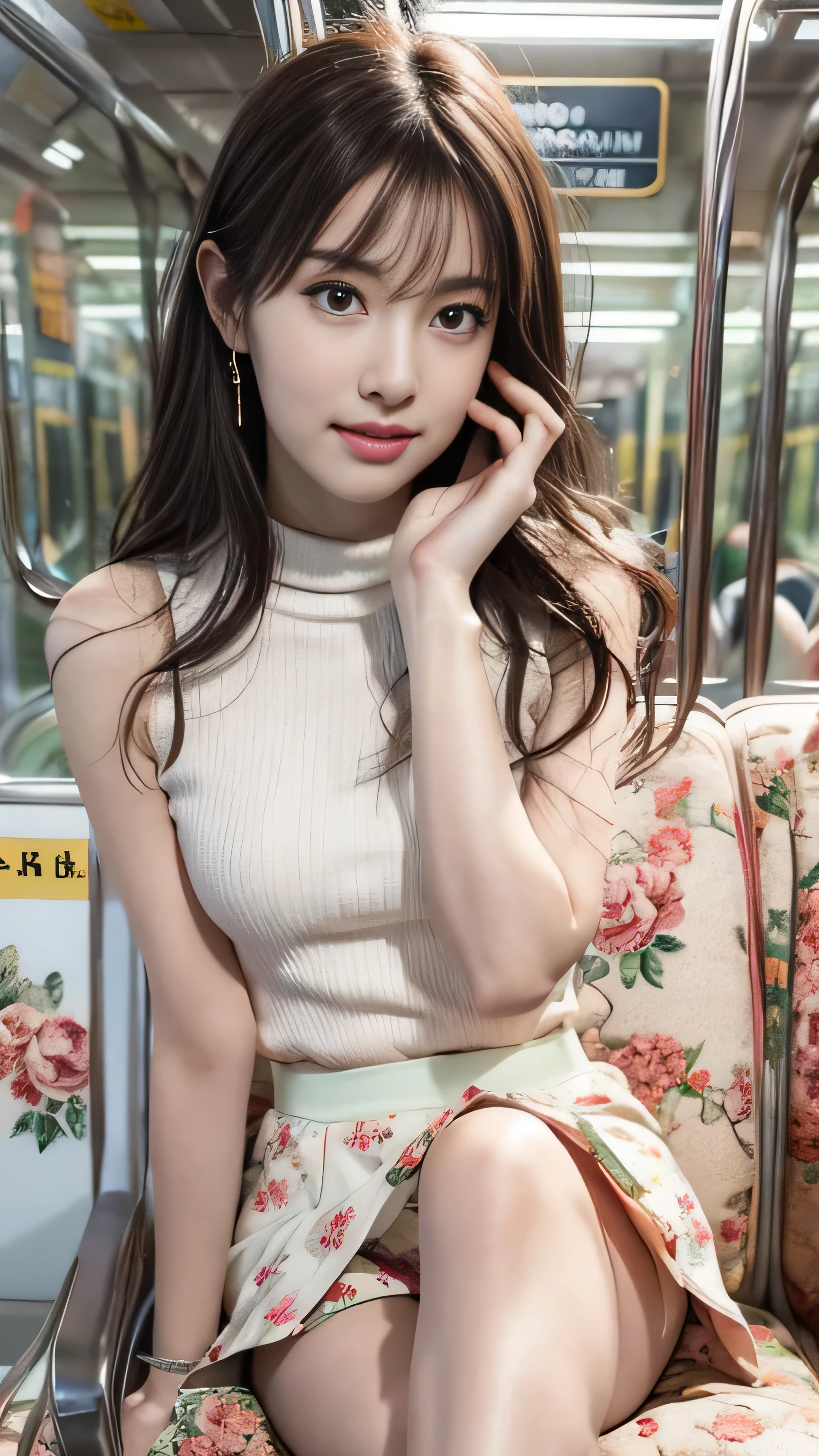 ((Sitting and dozing off on a crowded train、cute)).((Wearing a white dress with floral print: 1.5.)) 40k, photograph, masutepiece, Highest quality, , ((1. Gorgeous light hair with beautiful eyes. White skin、Many poses、mix4, (Best illustration:1.1), (Best Shadow:1. 1)、(K-Pop Idols)、(Pink Cheek)、(Wide eyes:1. 2)、(Slim legs)、Erotic、nffsw、High Detail Ambient Occlusion、Natural and harmonious composition、Fine art photography、Exposed crotch、Exposed underbelly、Highest quality、Mast Piece、Ultra high definition、(Photorealistic:1. 4), 生photograph, (Perfect figure), (slim:1.3), Slim abdomen, Perfect slim figure, 独奏, Deep Shadow, Inconspicuous, Cold light 12000K, The texture of the face and skin is very fine, Fine grain, Realistic eyes, Fine beautiful eyes, (Realistic Skin), Charm, Ultra-high resolution, ultra-realistic, Very fine,.Slim lower body,(Lift-up skirt),(Panties are visible)