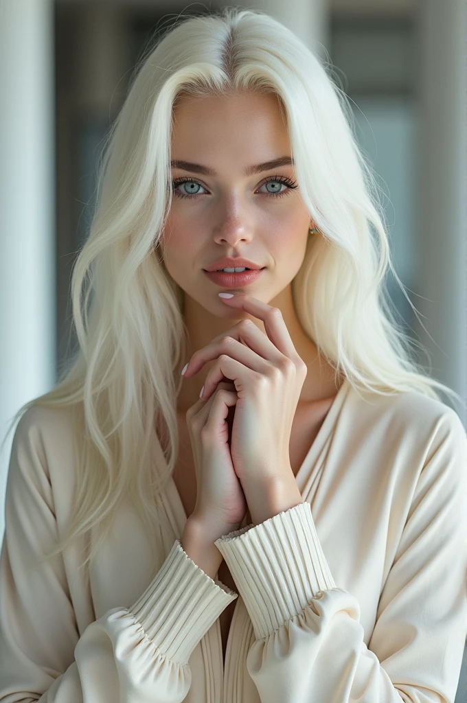 a woman with white skin, white hair, long hair, perfect hands and fingers, age 19, model, photo shoot, wearing modern, haute couture, modern clothes, a fashionable dress made with banana straw, a color that is in fashion, wearing shoes and accessories matching the clothes, ultra realistic, 4k