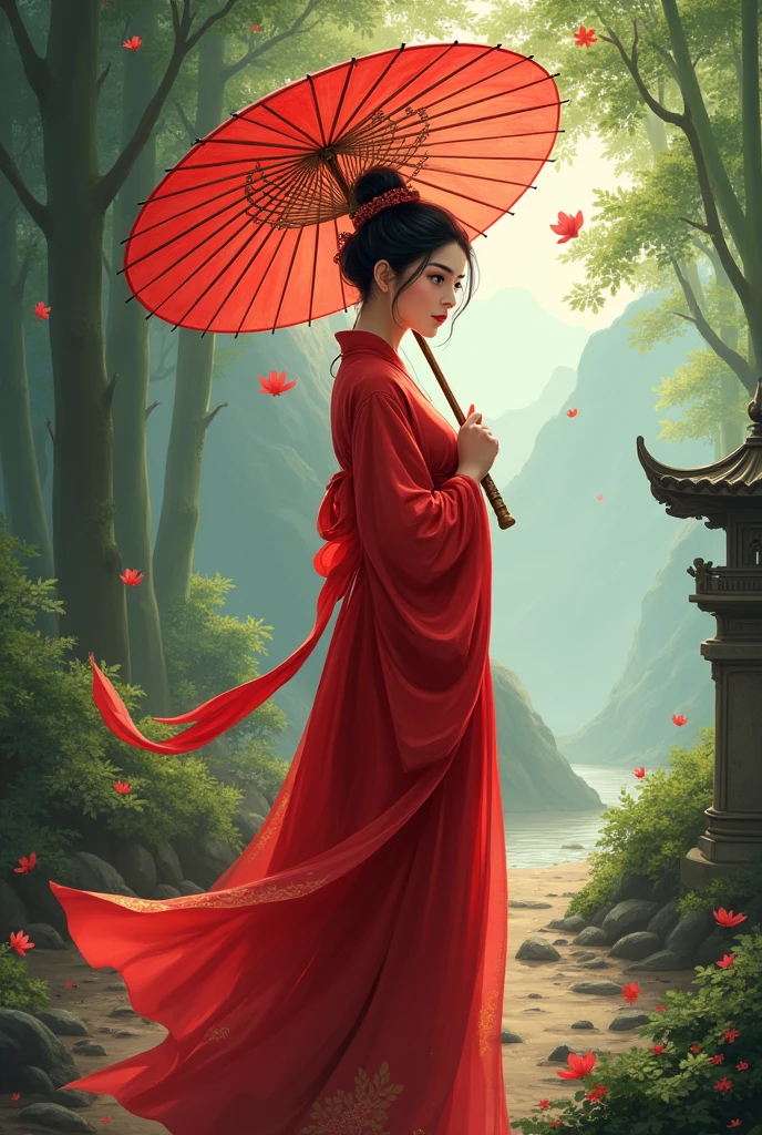 High resolution digital illustration,Depicts a young woman in her late s or early twenties.,Standing in the dense ancient forest。She holds a traditional oil-paper umbrella in one hand,The umbrella is decorated with delicate plum blossom patterns,Symbolizing the fusion of elegance and experience。In her other hand she holds a slender sword,The hilt is engraved with a gorgeous dragon,Representing her established status as a warrior。
Her outfit is inspired by Chinese TV series《Lotus Tower》The red costume worn by Li Lianhua in the middle。She wore a flowing crimson gown,It has delicate gold embroidery on it,Reflects traditional Chinese aesthetics。This outfit includes layering、loose clothing,Move gracefully with her every step,Capturing elegance and power。A long flowing red belt,Plus the deep folds of the robe,Adds a sense of movement and depth to her appearance。Her hair was styled into a classic updo,Complete with jade hairpins and delicate tassels,A few loose strands of hair set off her young and mature face。Her facial features have the innocence of youth,There are also subtle patterns of two or three years of experience in the world of Jianghu.。
Ponder for a moment,She looked back,The expression on his face is a mixture of desire and determination。Her large, almond-shaped eyes convey deep emotion,hinting at the challenges she has faced and the wisdom she has begun to gain.。Lush green forest in the background,Towering old trees,branches form a natural canopy,filter soft sunlight,Casts dappled shadows on the forest floor。
subtle Chinese elements are sprinkled throughout the scene:Stone lamp partially covered with moss、A winding path lined with bamboo groves、And the mist-shrouded mountains in the distance,Adds a mysterious atmosphere。The image captures the essence of a young woman entering the complex world of politics,Blending traditional Chinese aesthetics with iconic red costumes inspired by Li Lianhua,And decorate the umbrella with a simple and elegant plum blossom pattern,Symbolizing her emerging strength and seasoned beauty。