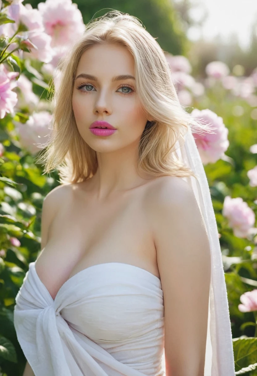 A beautiful young woman, beautiful eyes, blond hair, thick pink lips. Natural makeup style She poses beautifully, with only a thin white cloth, that covers her busty body. The atmosphere is a flower garden, Gentle sunlight, soft, soft light tones, recorded with a film camera , Full body shot