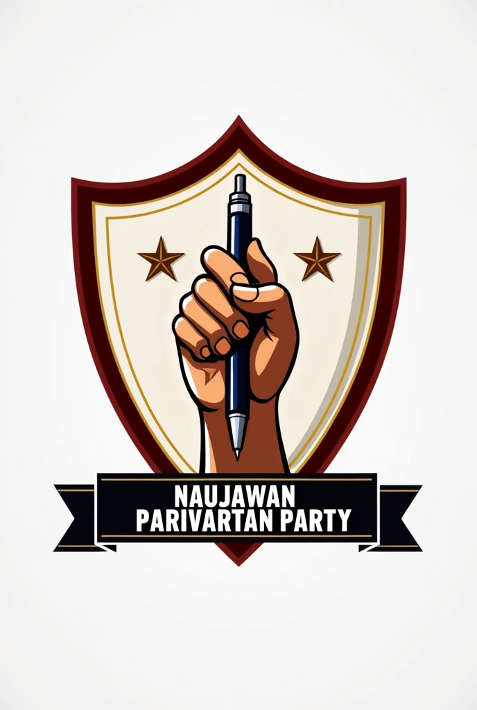 Naujawan Parivartan Party logo for a political party attractive which has a wrist holding pen in it with a four corner shield in background with a nameplate at the bottom which has the party name mentioned in it
