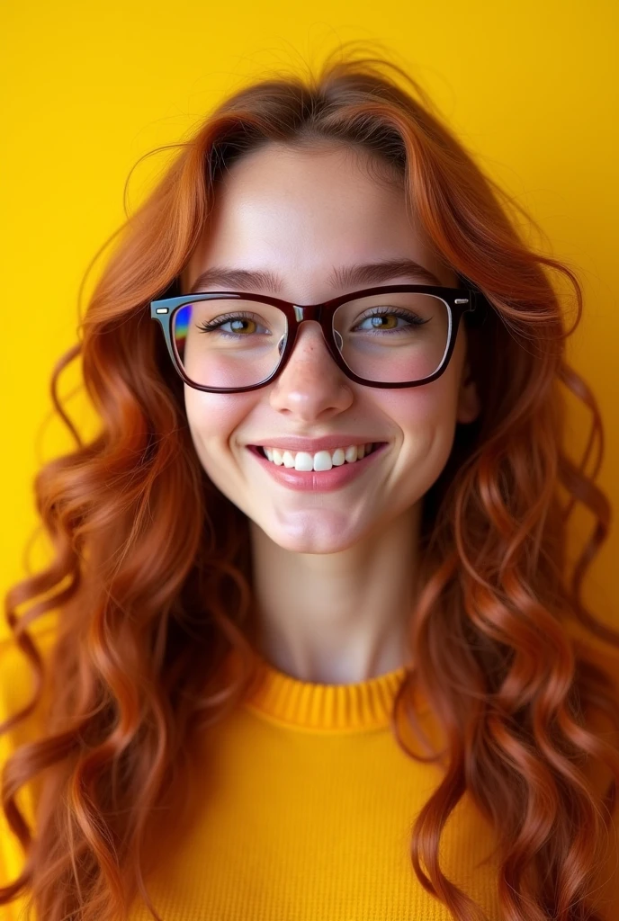 20 year old age girl, long curly hair, rectangular glasses, colorful yellow background