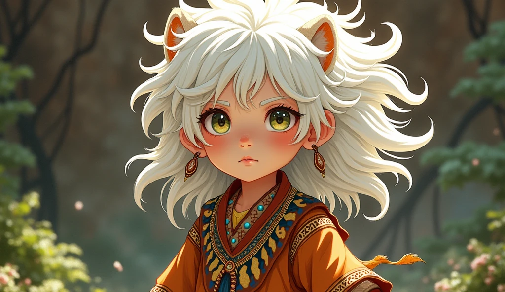 anime drawing, young boy white lion's mane, tribal clothing