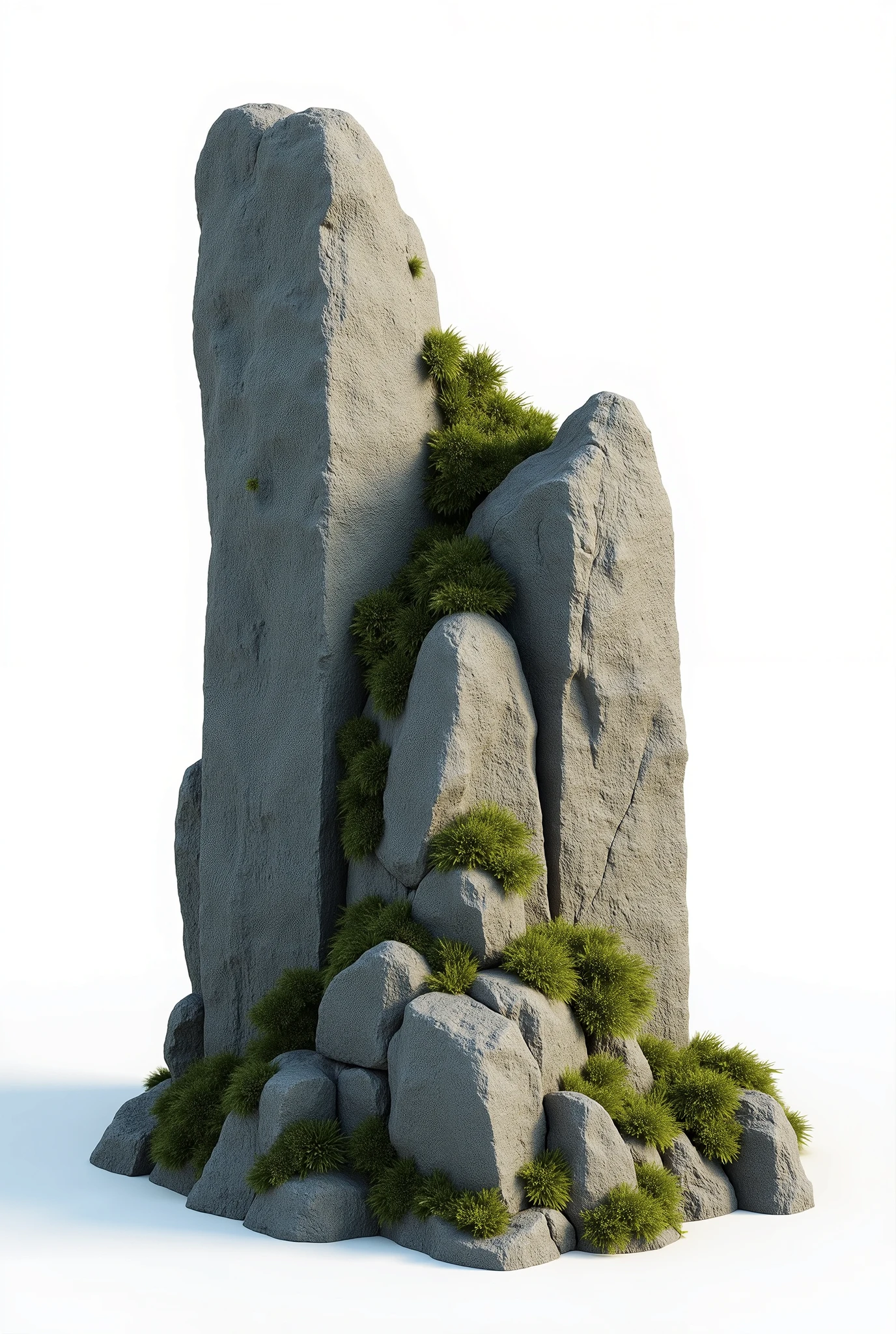 ON A WHITE BACKGROUND Create 3D reference props of various rock formations, with moss, without any moss, rough. Rendering for presetantion 3D reference, ONE NVIDIA RTX render, Ultra-detail, uhd