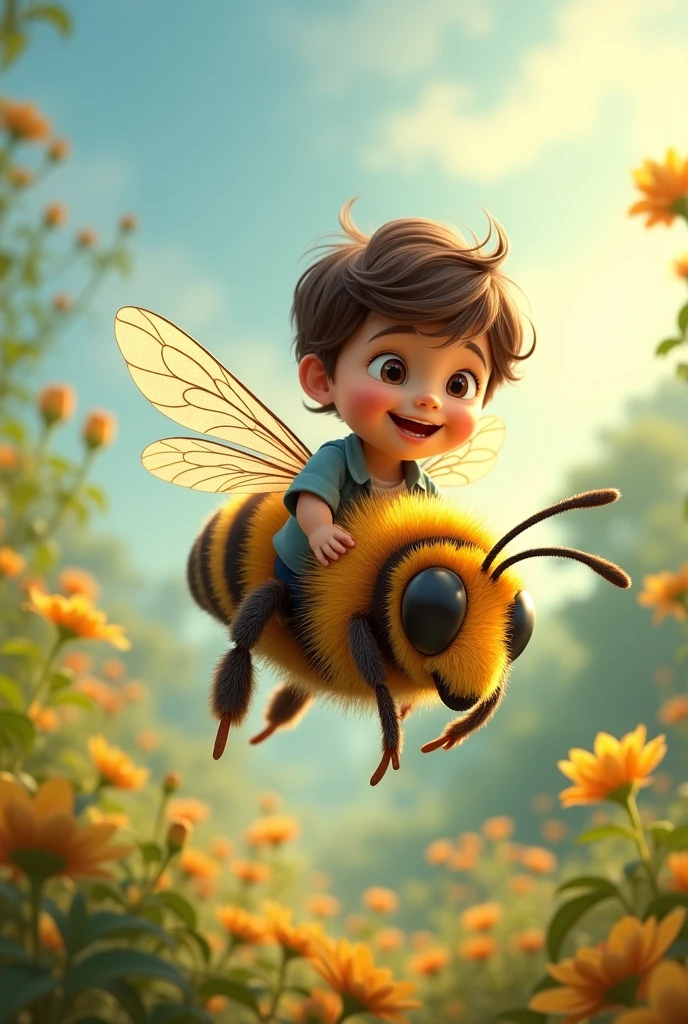 There is a boy sitting on top of the bee and the bee is flying.