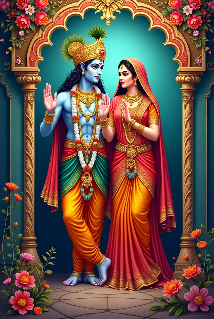 A Advertising banner written in English with " KESHARI KALYAN SAMAJ BIRATNAGAR " With Radha Krishna bhagwan in Surrounding banner
