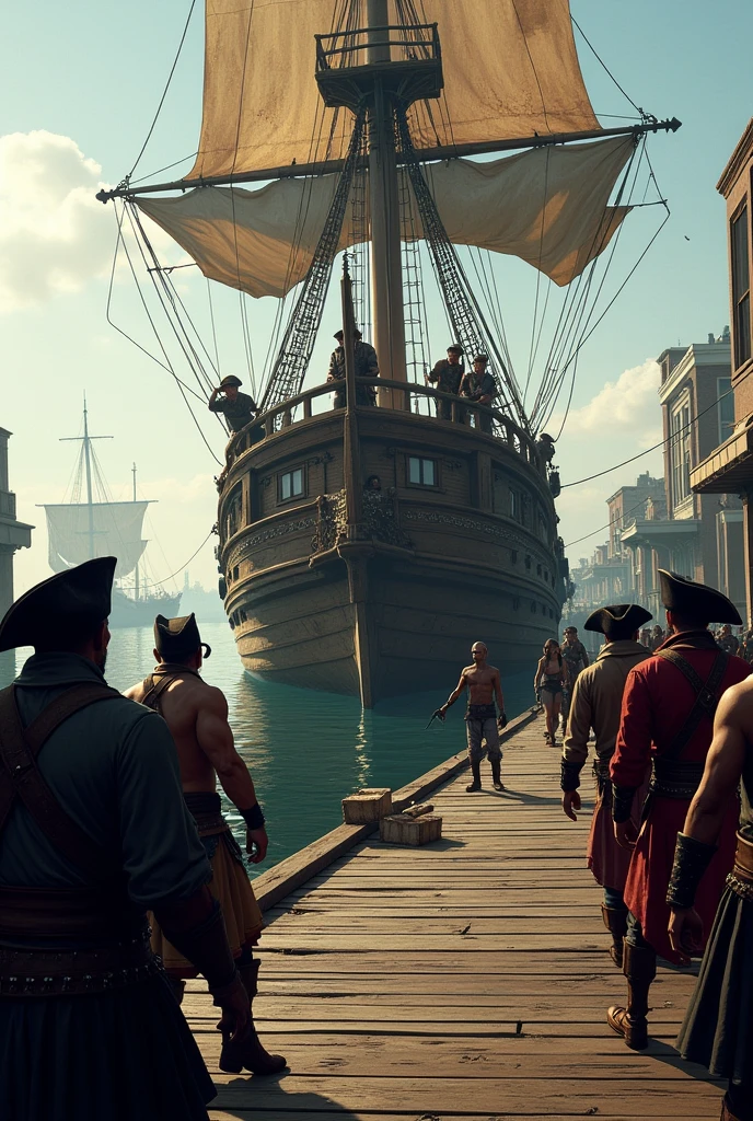 Pirate boat tied on the docs and people fighting in front of it. On the right and the left of the doc.