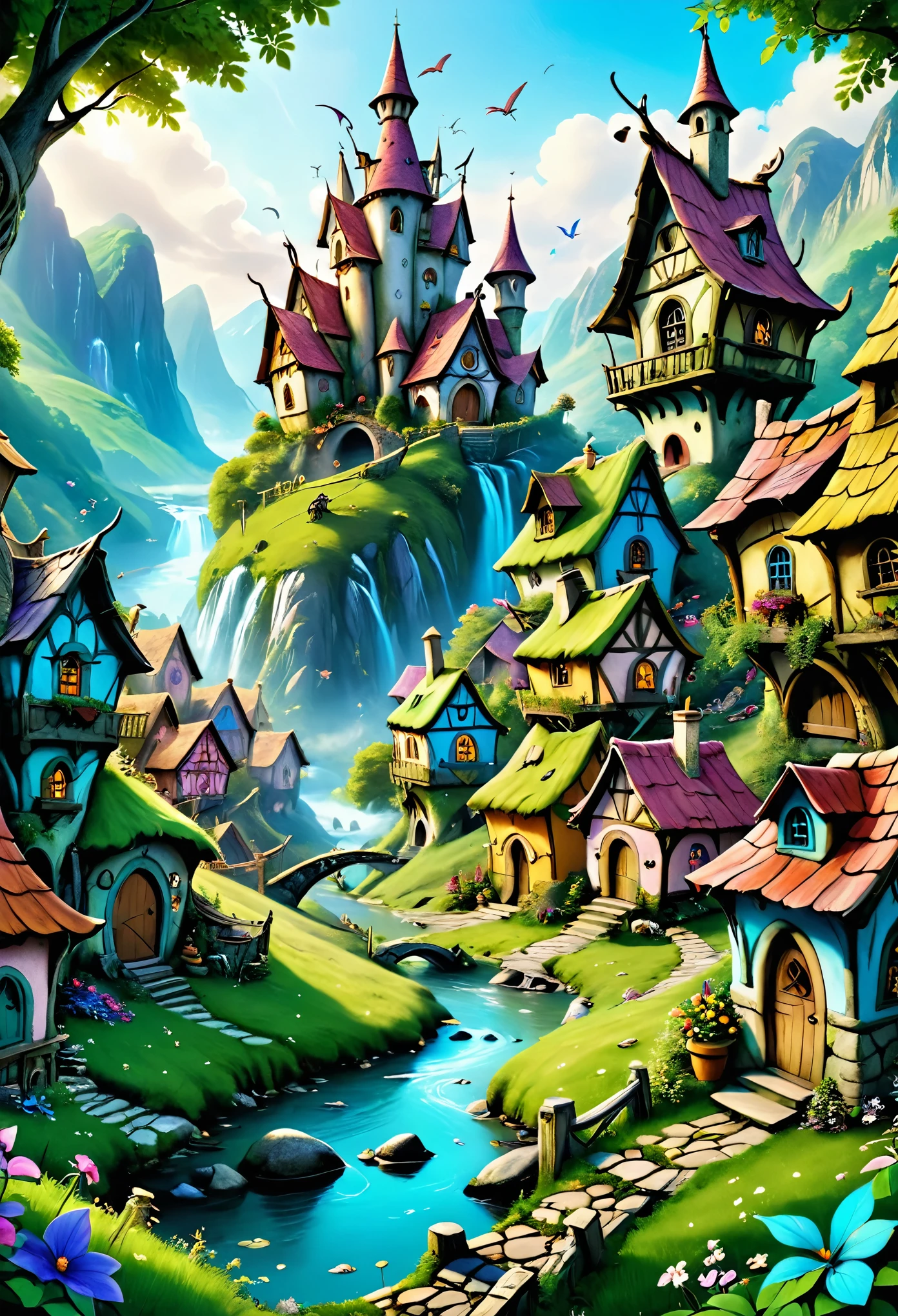 (Realistic:1.2), (whimsical:1.2), (((extremely detailed))), ((no close-up)), ((masterpiece)), (((middle shot, center, colorfull))), a Pixie, mythological, looks epic, fairytale atmosphere, intricate and detailed unreal fairy village on background, in motion, dynamic composition, depth of field, analog photo style, kodak porta 400 