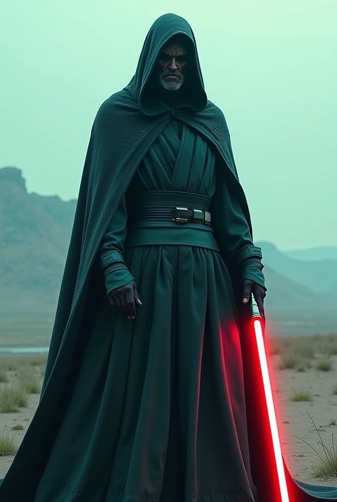 The country botswana as a Sith Lord from Star Wars, lines on the Cape, colors turquoise, white and black, red lightsaber, scary, frightening, ultra-realistic