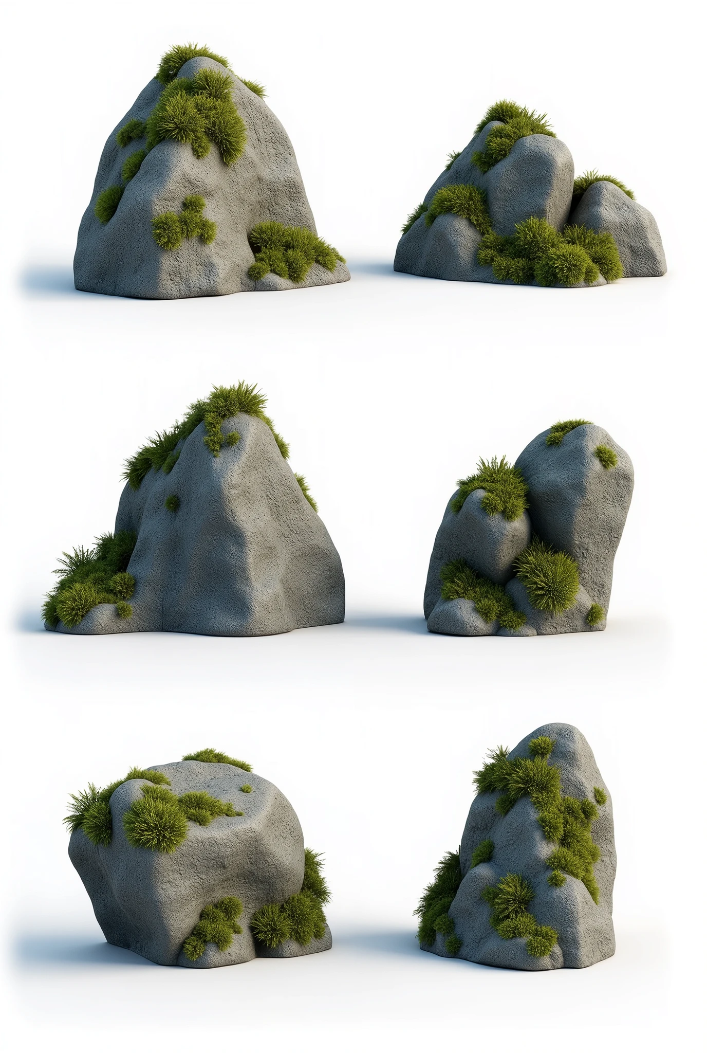 ON A WHITE BACKGROUND Create 3D reference props of various rock formations, with moss, without any moss, rough. Rendering for presetantion 3D reference, ONE NVIDIA RTX render, Ultra-detail, uhd
