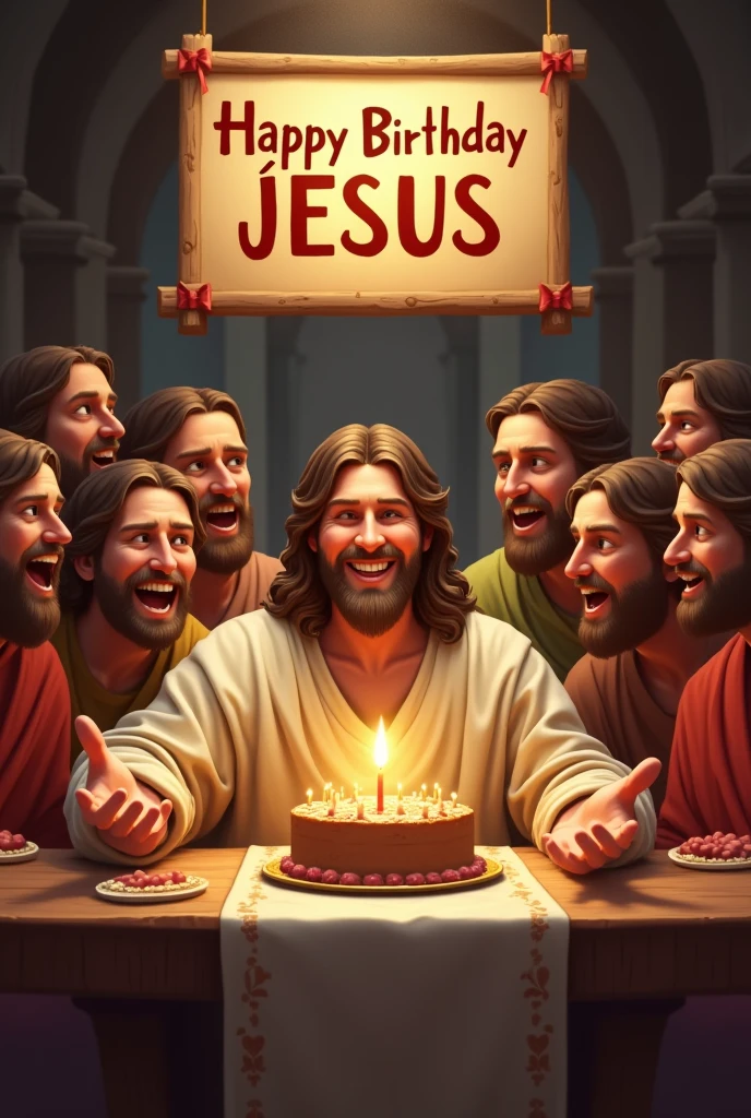 Selfie of a beautiful smiling Jesus showing the 12 apostles celebrating Jesus&#39; birthday in the image of the last supper taking a selfie, and a sign above that says "Happy Birthday Jesus " in Spanish