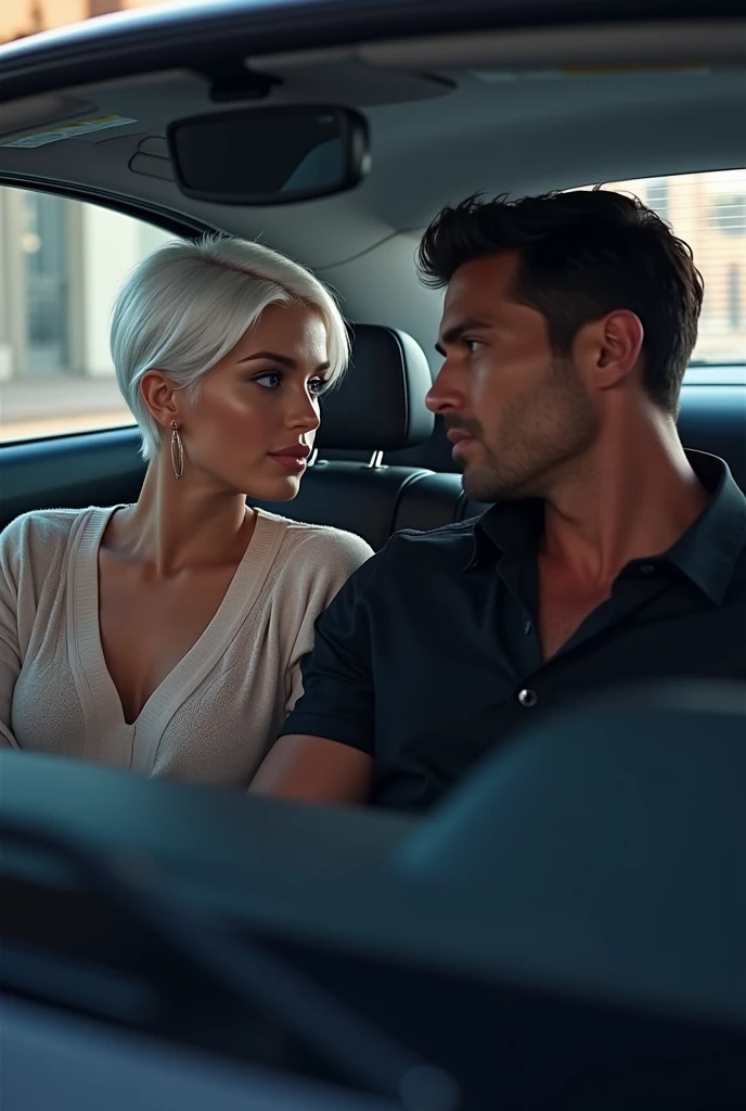 Couple inside the car talking, the woman has characteristic short white hair, violet eyes and light brown skin., and the man is strong and handsome with dark hair and a black dress shirt