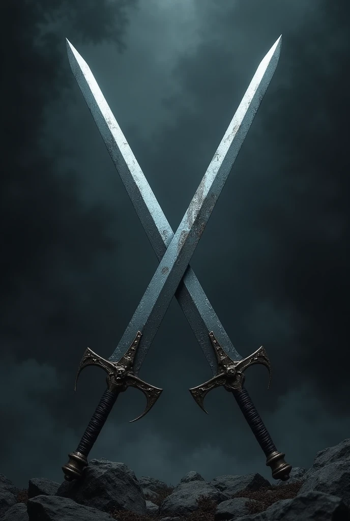 Swords in the shape of "X" upwards, dark surroundings 