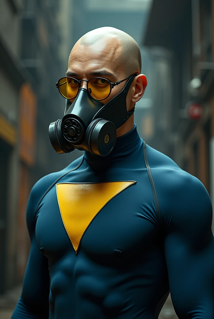 BALD MAN THIN STRONG YELLOW GLASSES hero, DARK glue , YELLOW TRIANGLE on the chest, ARTPOP gas mask