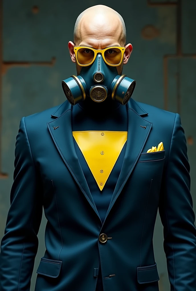 BALD MAN THIN STRONG YELLOW GLASSES hero, DARK glue , YELLOW TRIANGLE on the chest, ARTPOP gas mask