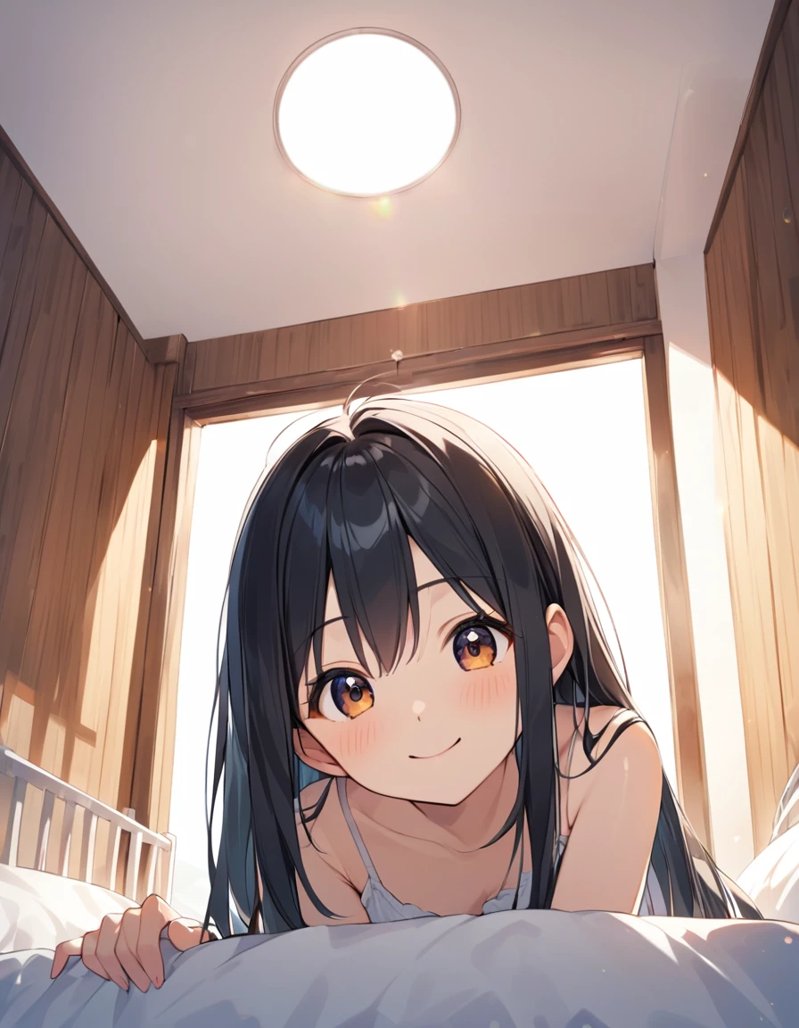 girl, cute, lovely, from chest to head, smiling, straight hair, long hair, black hair, bedroom, morning, sunny, from below, looking down at us, camisole, looking at the camera, leaning forward, peeking
