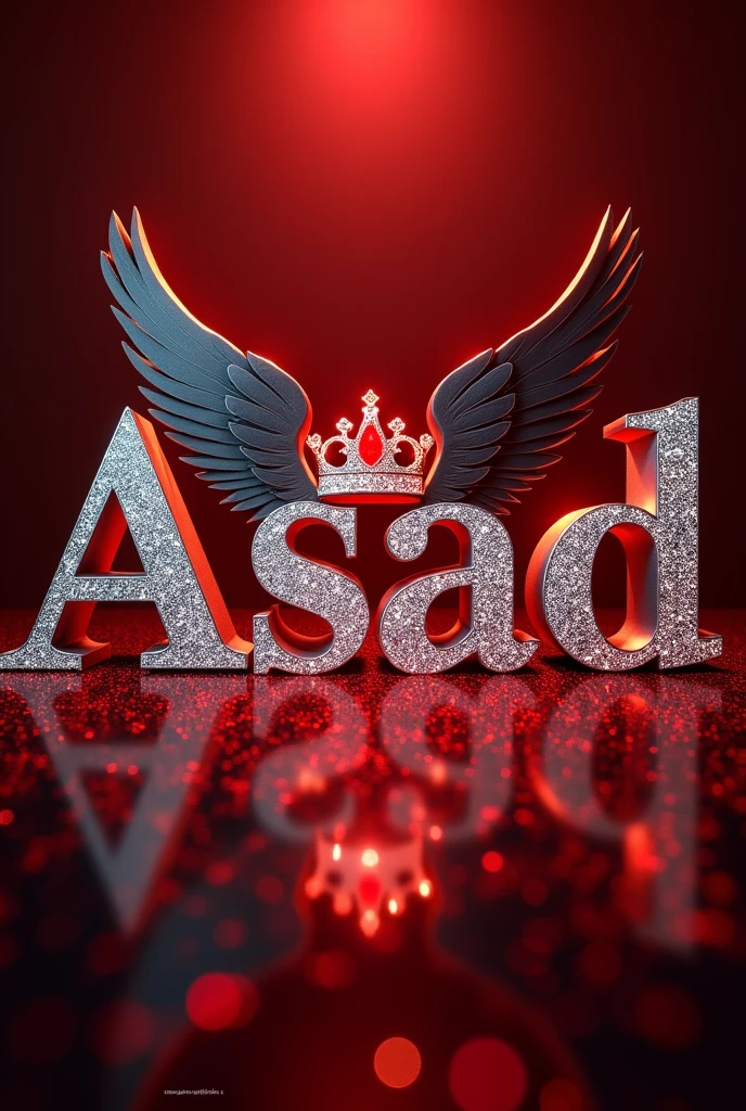 A mesmerizing and sophisticated 3D digital artwork featuring the name "Asad" in exquisite red,white,black lighting and with luxurious wings with luxurious royal red,golden crown with amazing lighting with shining with glittery with graceful diamond letters, adorned with a majestic royal red,golden,white lighting crown and a graceful feather. The bold, enchanting typography shimmers with a dusting of diamonds, illuminated by warm, silver,black,red lighting. The solid red glitter lighting background red rubby lightings highlights the text and transforms the piece into a striking, cinematic poster. This eye-catching design masterfully combines elements of dark,red,with darkness fantasy, photography, architecture, typography, film, and 3D rendering, creating a truly enchanting visual experience that is perfect for architecture or cinema promotions and adds an unforgettable visual experience to any space. Signed by the artist "Creaciones_Celestiales CC" in the center of the image., photo, architecture, cinematic, 3d render, poster, illustration, typography