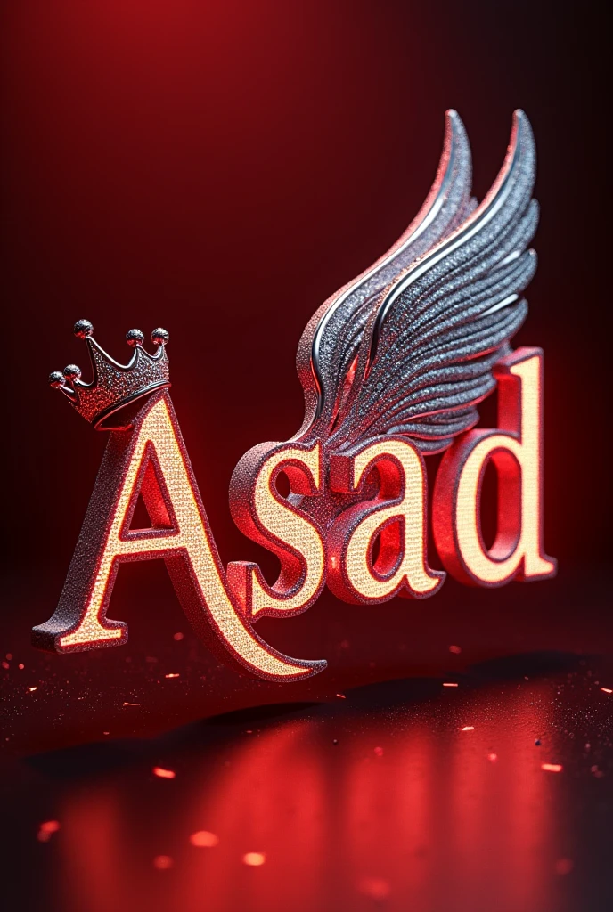 A mesmerizing and sophisticated 3D digital artwork featuring the name "Asad" in exquisite red,white,black lighting and with luxurious wings with luxurious royal red,golden crown with amazing lighting with shining with glittery with graceful diamond letters, adorned with a majestic royal red,golden,white lighting crown and a graceful feather. The bold, enchanting typography shimmers with a dusting of diamonds, illuminated by warm, silver,black,red lighting. The solid red glitter lighting background red rubby lightings highlights the text and transforms the piece into a striking, cinematic poster. This eye-catching design masterfully combines elements of dark,red,with darkness fantasy, photography, architecture, typography, film, and 3D rendering, creating a truly enchanting visual experience that is perfect for architecture or cinema promotions and adds an unforgettable visual experience to any space. Signed by the artist "Creaciones_Celestiales CC" in the center of the image., photo, architecture, cinematic, 3d render, poster, illustration, typography