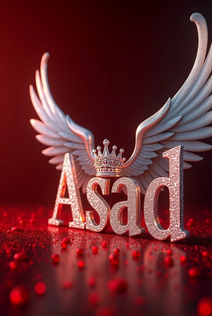 
A mesmerizing and sophisticated 3D digital artwork featuring the name "Asad" in exquisite red,white,black lighting and with luxurious wings with luxurious royal red,golden crown with amazing lighting with shining with glittery with graceful diamond letters, adorned with a majestic royal red,golden,white lighting crown and a graceful feather. The bold, enchanting typography shimmers with a dusting of diamonds, illuminated by warm, silver,black,red lighting. The solid red glitter lighting background red rubby lightings highlights the text and transforms the piece into a striking, cinematic poster. This eye-catching design masterfully combines elements of dark,red,with darkness fantasy, photography, architecture, typography, film, and 3D rendering, creating a truly enchanting visual experience that is perfect for architecture or cinema promotions and adds an unforgettable visual experience to any space. Signed by the artist "Creaciones_Celestiales CC" in the center of the image., photo, architecture, cinematic, 3d render, poster, illustration, typography
