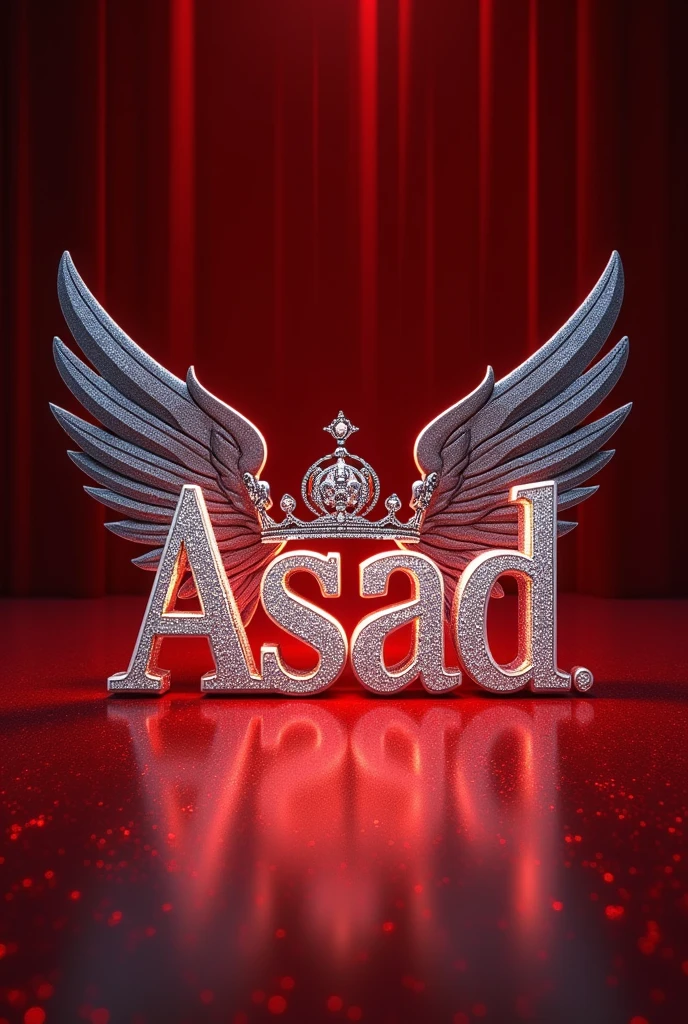 A mesmerizing and sophisticated 3D digital artwork featuring the name "Asad" in exquisite red,white,black lighting and with luxurious wings with luxurious royal red,golden crown with amazing lighting with shining with glittery with graceful diamond letters, adorned with a majestic royal red,golden,white lighting crown and a graceful feather. The bold, enchanting typography shimmers with a dusting of diamonds, illuminated by warm, silver,black,red lighting. The solid red glitter lighting background red rubby lightings highlights the text and transforms the piece into a striking, cinematic poster. This eye-catching design masterfully combines elements of dark,red,with darkness fantasy, photography, architecture, typography, film, and 3D rendering, creating a truly enchanting visual experience that is perfect for architecture or cinema promotions and adds an unforgettable visual experience to any space. Signed by the artist "Creaciones_Celestiales CC" in the center of the image., photo, architecture, cinematic, 3d render, poster, illustration, typography