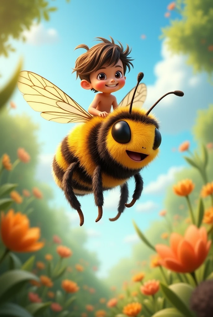 There is a boy sitting on top of the bee and the bee is flying.