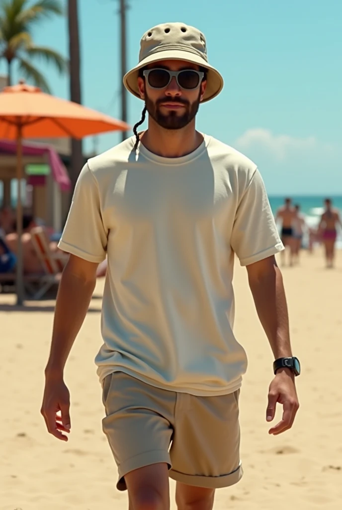 Person with crocs bucket cap baggy t shirt sunglasses and shorts