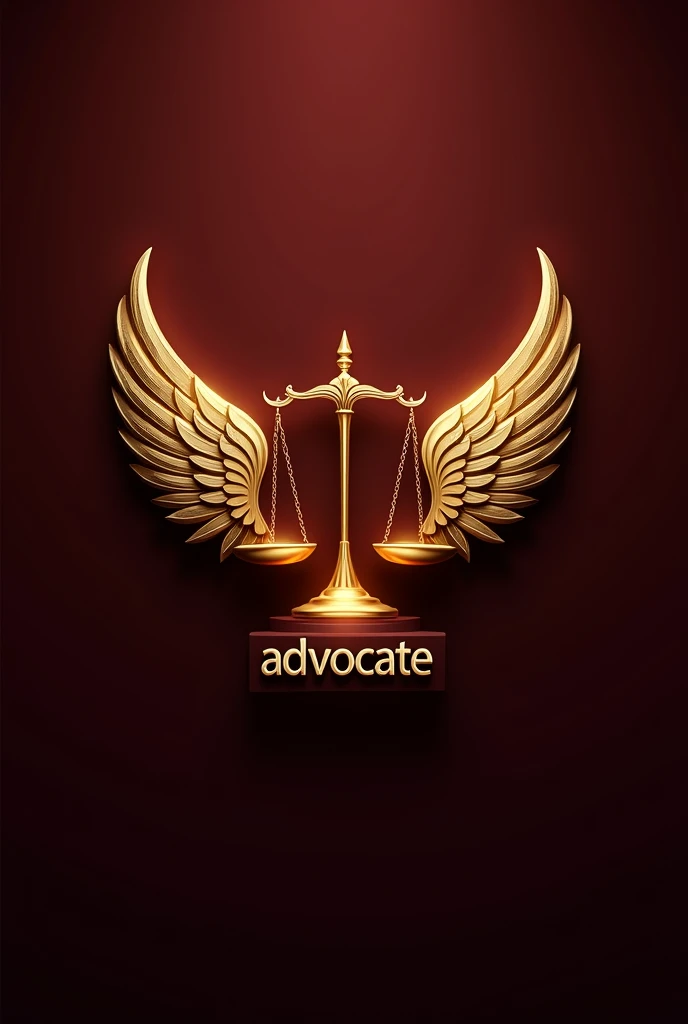 Golden Justice scale logo with golden wings with,"ADVOCATE" written below it in bright silver color, with a burgundy background