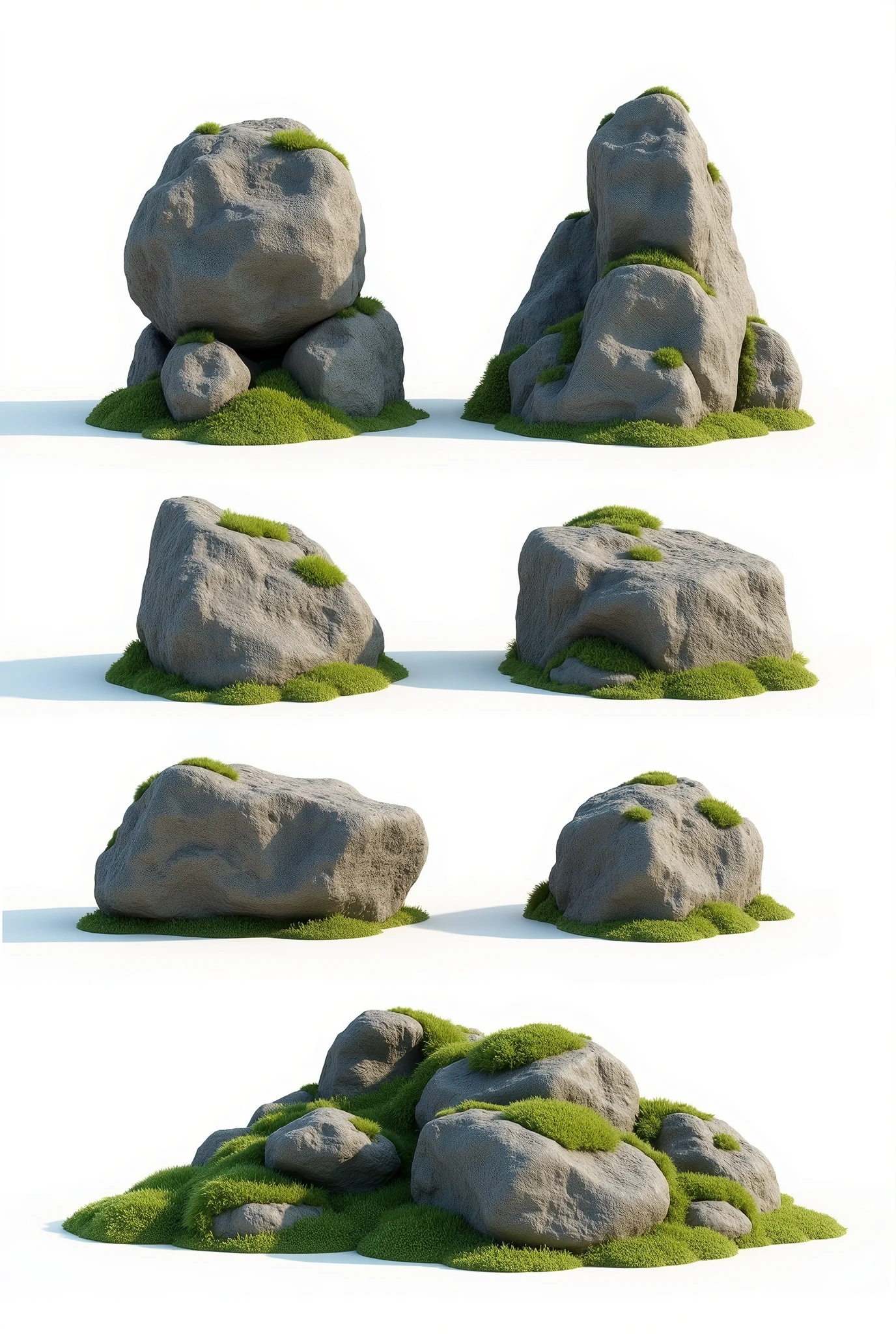 ON A WHITE BACKGROUND Create 3D reference props of various rock formations, with moss, without any moss, rough. Rendering for presetantion 3D reference, ONE NVIDIA RTX render, Ultra-detail, uhd