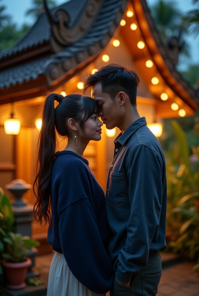 ((full body shoot)), traveling photo, vivid photo, young couple, 2, ponytail black hair, bangs, cozy sweater, navy blue pullover, black jeans, view of a typical balinese building, designed in an ancient hindu temple style, balinese architecture, cultural heritage, indonesian cuisine, tropical bali setting, beautiful garden, seclusion, privacy, indonesian street food, night street photography, shot on sony a 7 iii, theatrical lighting, wide angle view