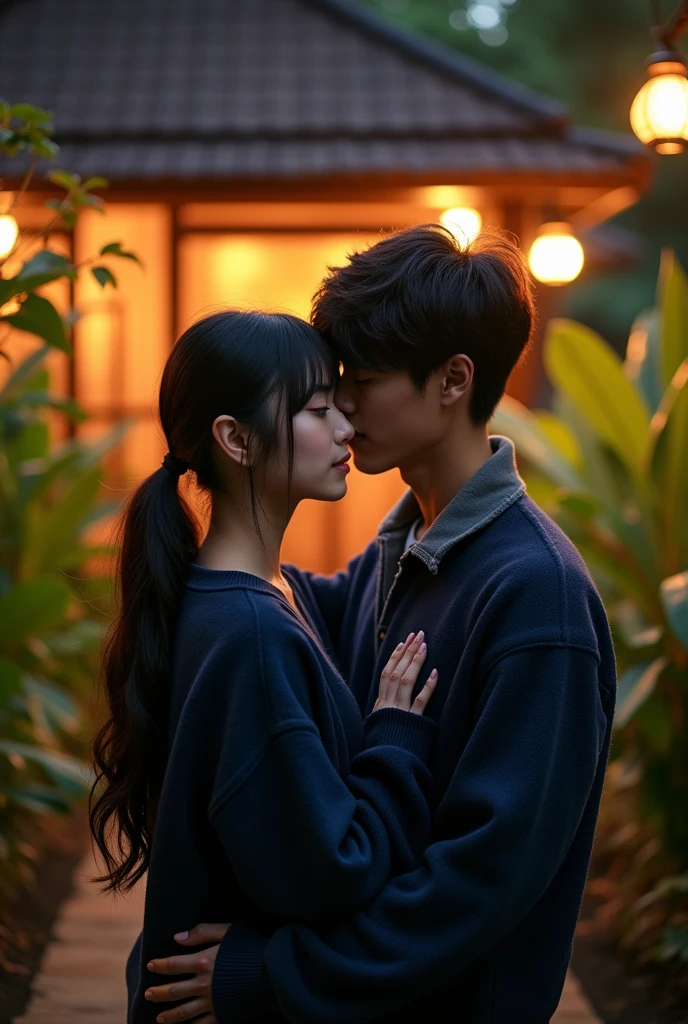 ((full body shoot)), traveling photo, vivid photo, young couple, 2, ponytail black hair, bangs, cozy sweater, navy blue pullover, black jeans, view of a typical balinese building, designed in an ancient hindu temple style, balinese architecture, cultural heritage, indonesian cuisine, tropical bali setting, beautiful garden, seclusion, privacy, indonesian street food, night street photography, shot on sony a 7 iii, theatrical lighting, wide angle view