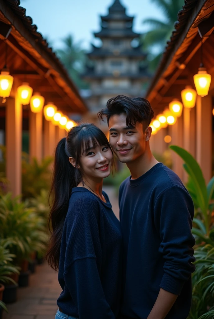 ((full body shoot)), traveling photo, vivid photo, young couple, 2, ponytail black hair, bangs, cozy sweater, navy blue pullover, black jeans, view of a typical balinese building, designed in an ancient hindu temple style, balinese architecture, cultural heritage, indonesian cuisine, tropical bali setting, beautiful garden, seclusion, privacy, indonesian street food, night street photography, shot on sony a 7 iii, theatrical lighting, wide angle view