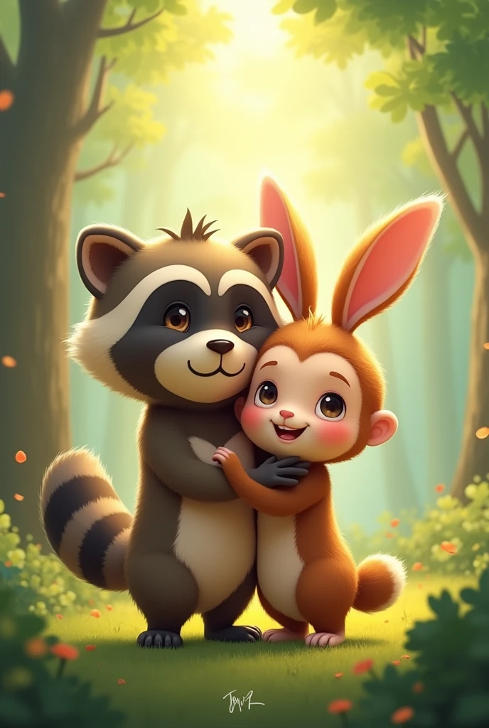 A little raccoon, a monkey and a little rabbit hugging each other that look cute