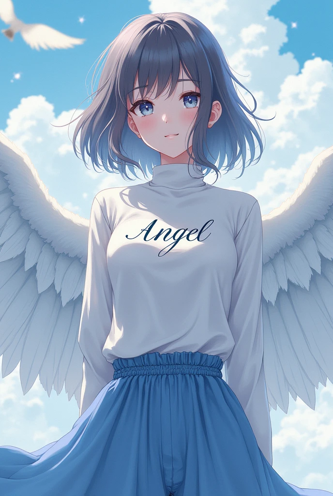 Female character with white turtleneck shirt with name Angel and blue angelic pants with anime theme