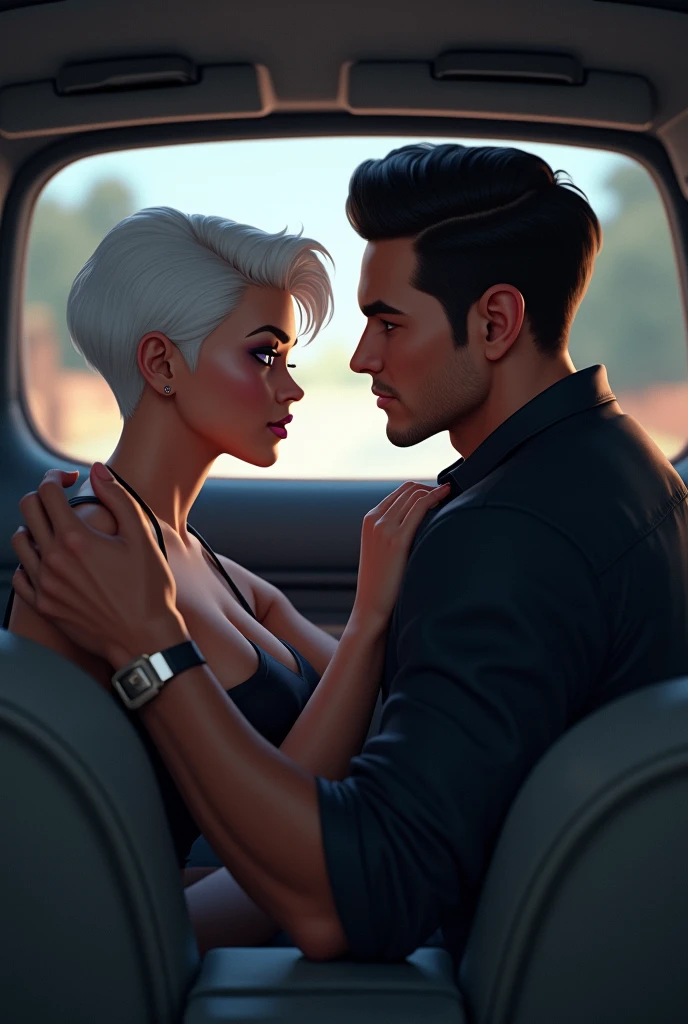Couple inside the car talking, the woman has characteristic short white hair, violet eyes and light brown skin., and the man is strong and handsome with dark hair and a black dress shirt