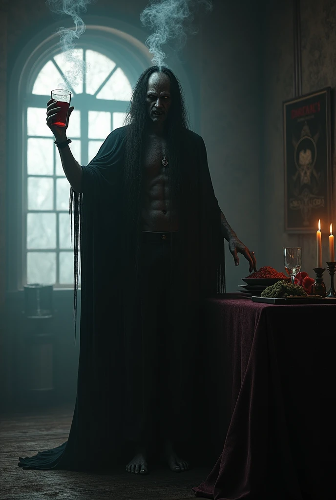 Photorealism realistic dark room table old scary male black appearance long hair holding glass of blood window low light effect blood effect big eyes fang teeth scar on face  dramatic effect smoke effect on head satanic poster at wall ugly face 